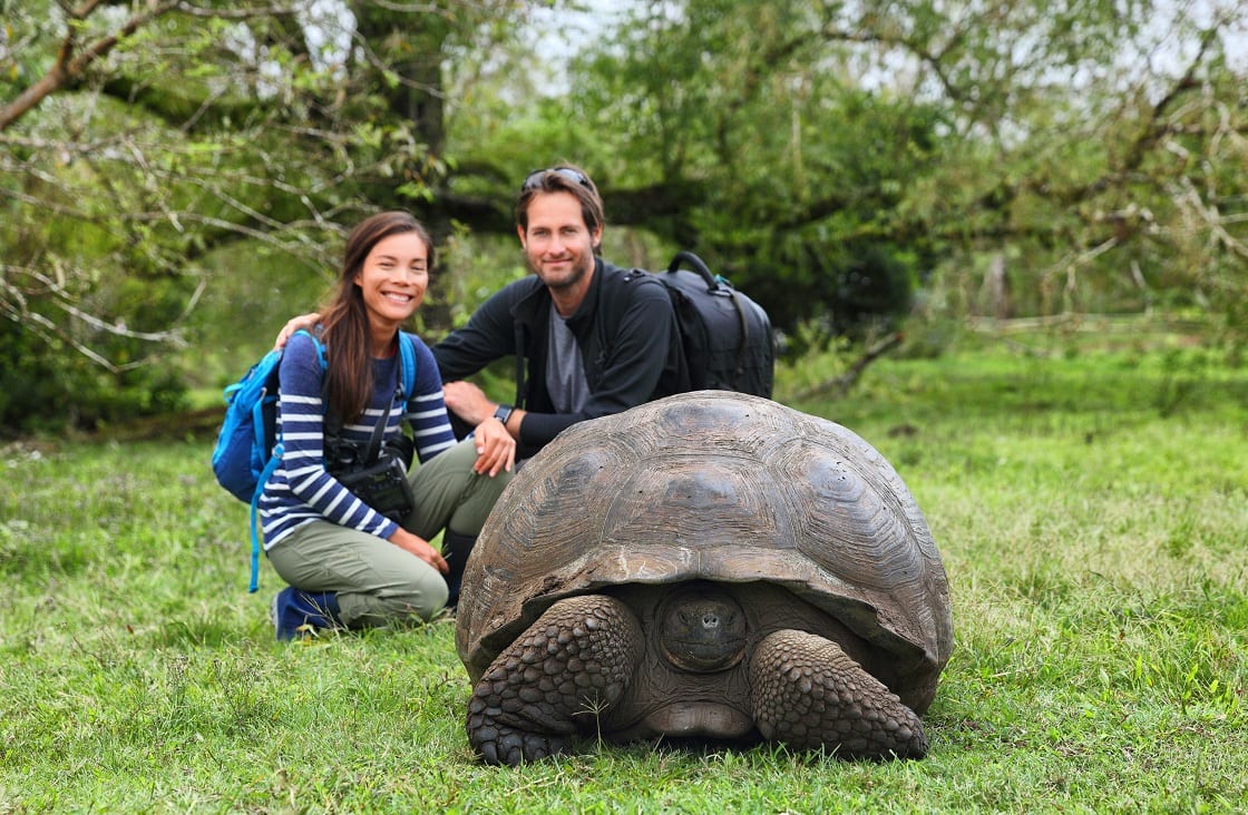 Couple with giant tortoise in Santa Cruz