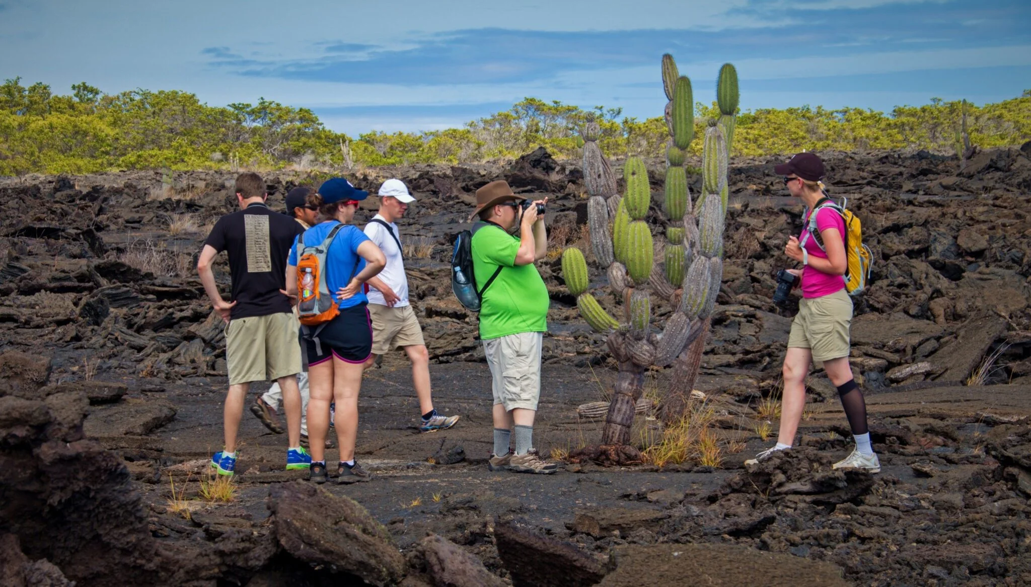 Expedition boat near flamingos in the Galapagos