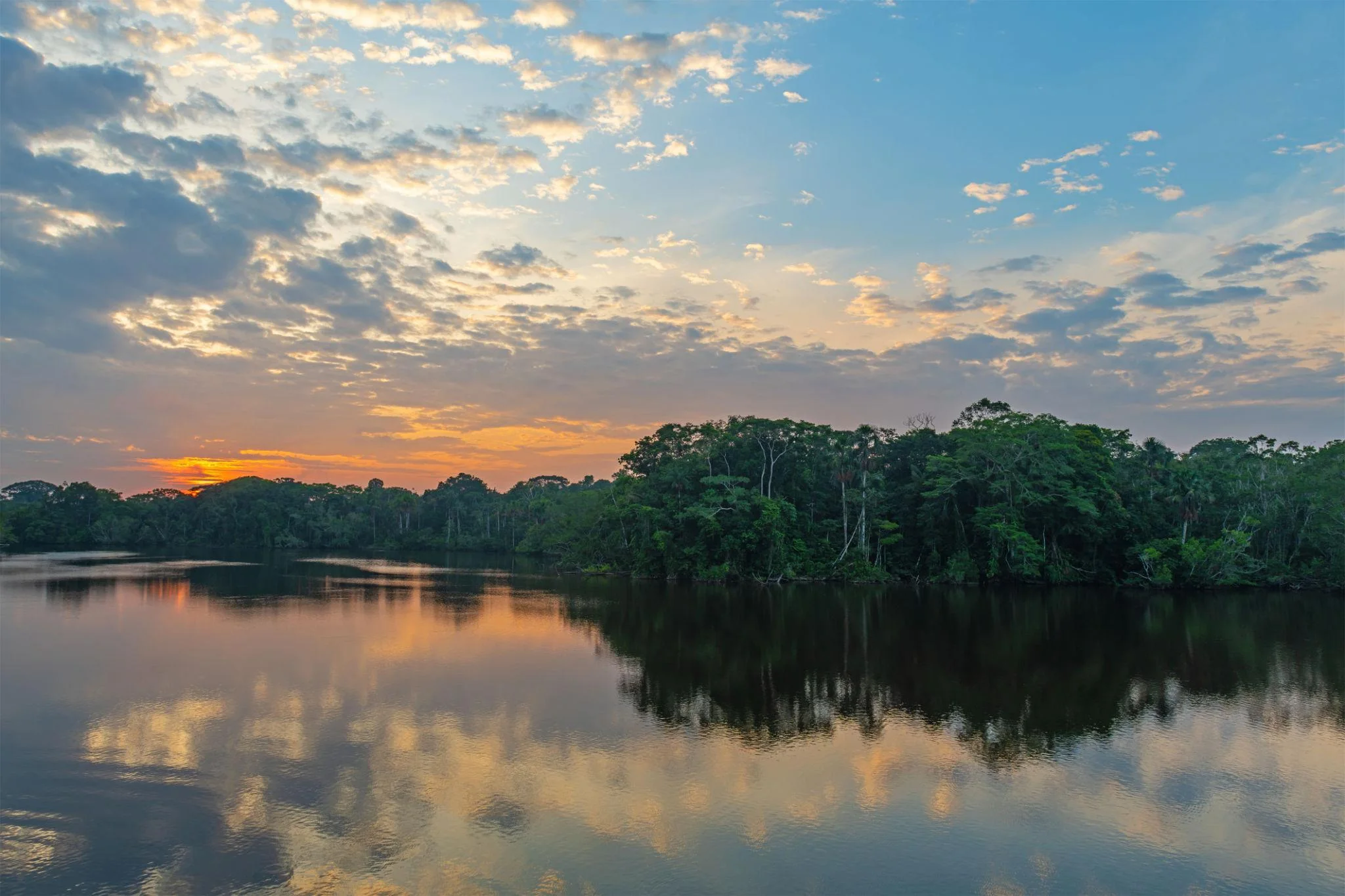 Amazon river journey at sunrise