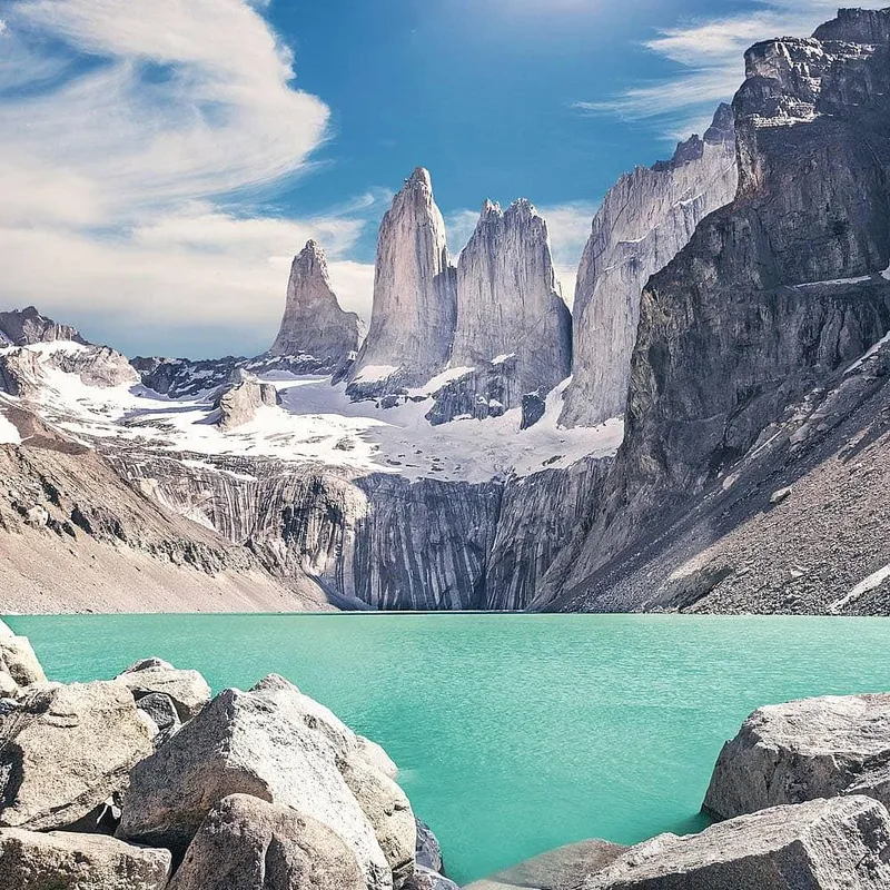Torres del Paine mountains above a turquoise lake in Chile