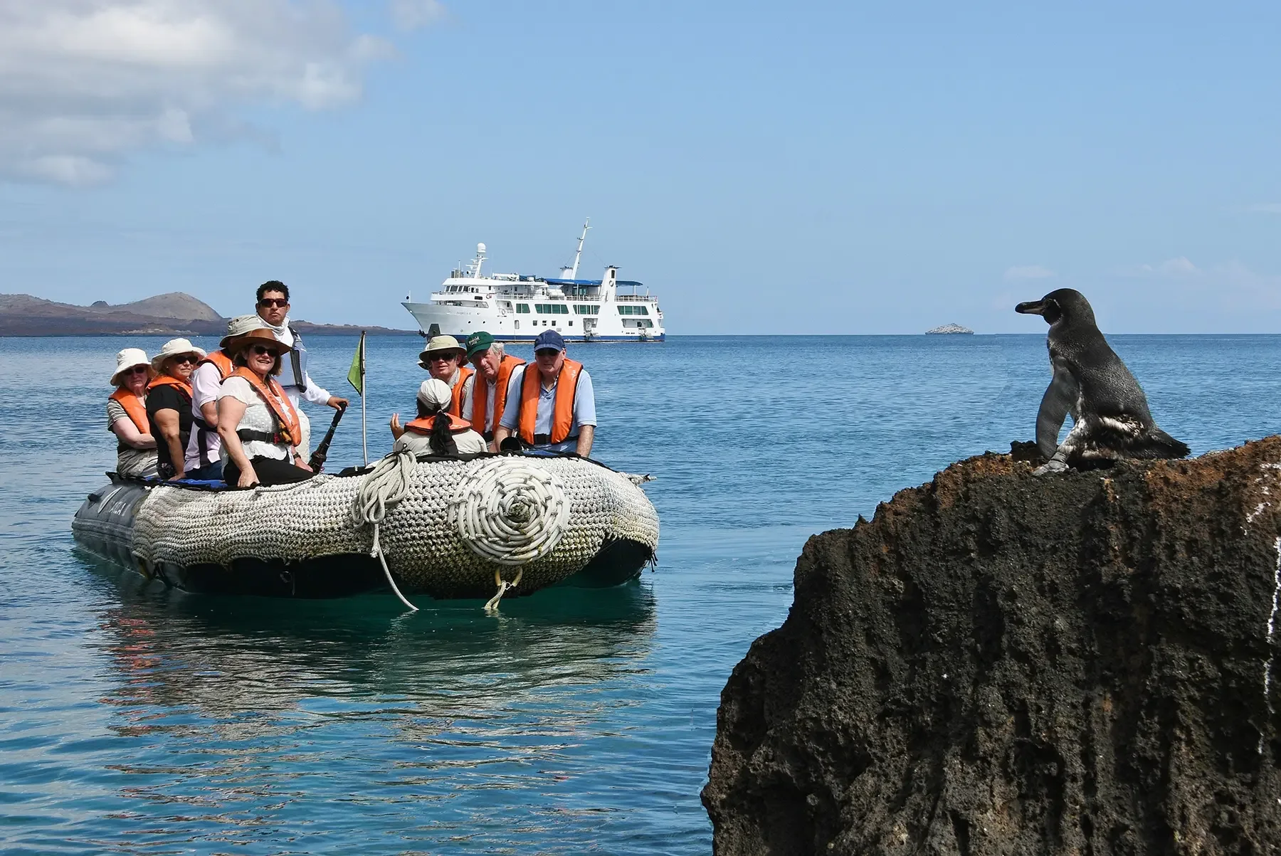 Panga approaching a Galapagos cruise visitor site