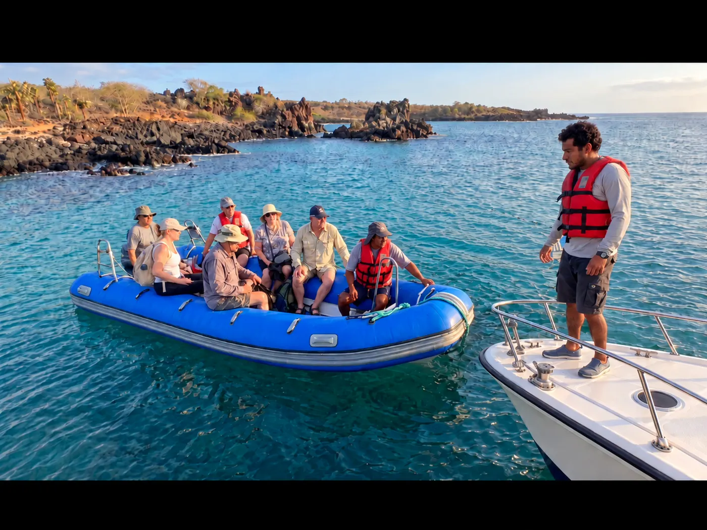 A Zodiac boat returning to the yacht after an expedition