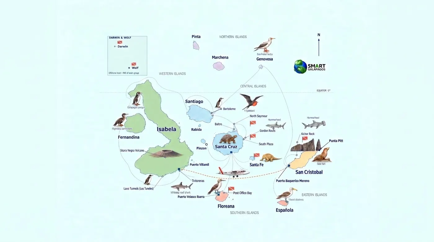 Map of the Galápagos Islands highlighting native wildlife and five island regions: Northern, Central, Eastern, Southern, and Western