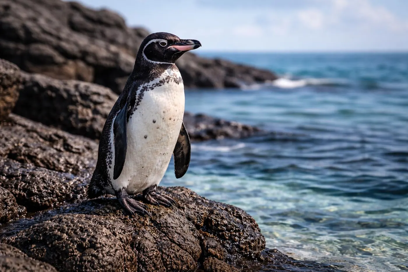 One of the world's most unusual penguins, at home among the volcanic shores of the Galápagos