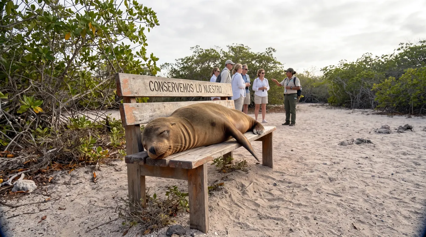 A sea lion lounges on a beach bench as a local guide shares insights with visitors