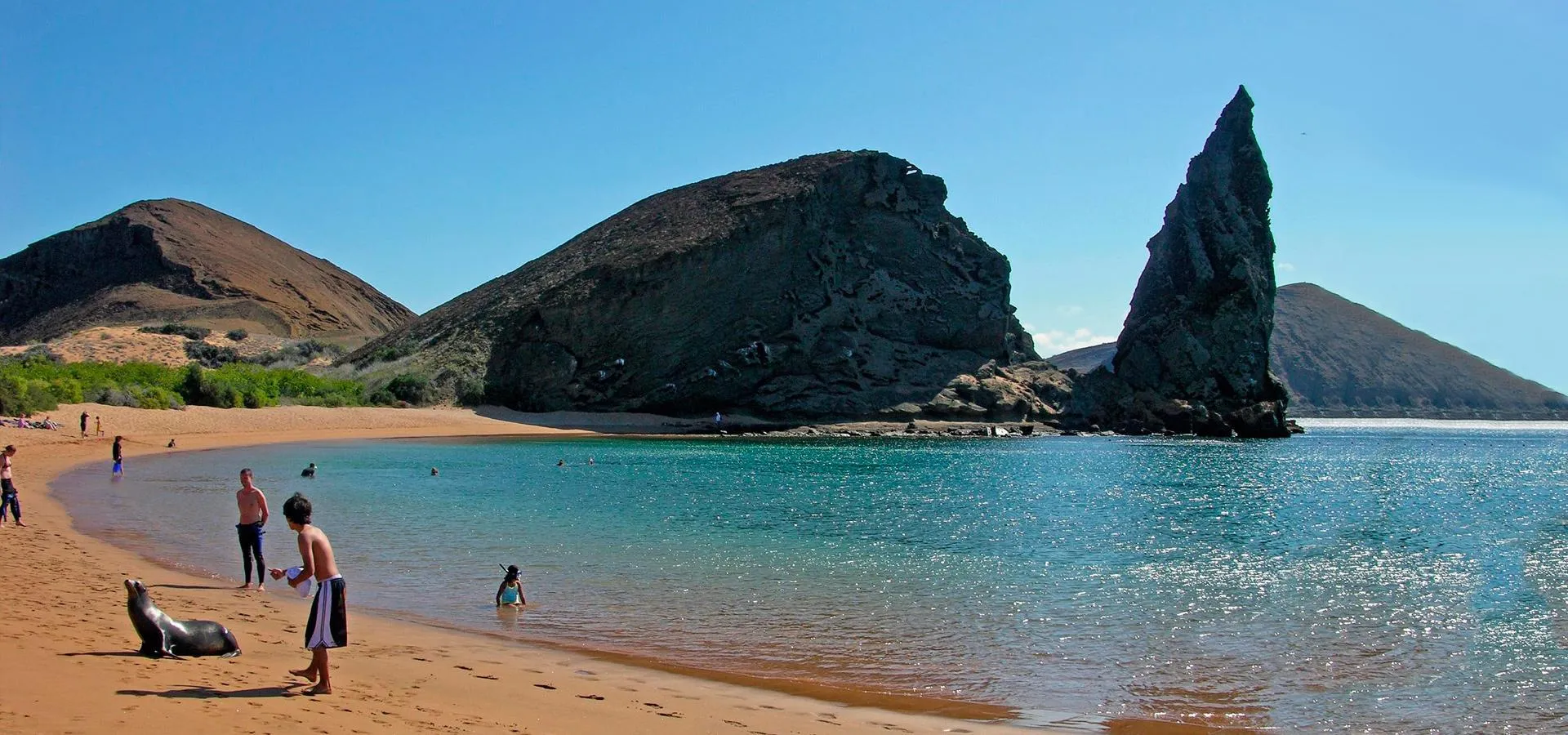 Travelers overlooking Bartolomé Island in the Galapagos