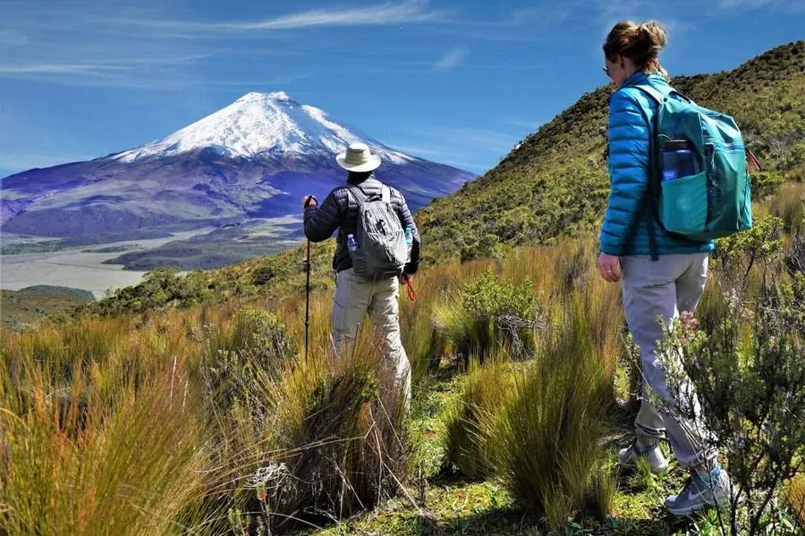 Hikers in the Andes with Cotopaxi volcano in the background